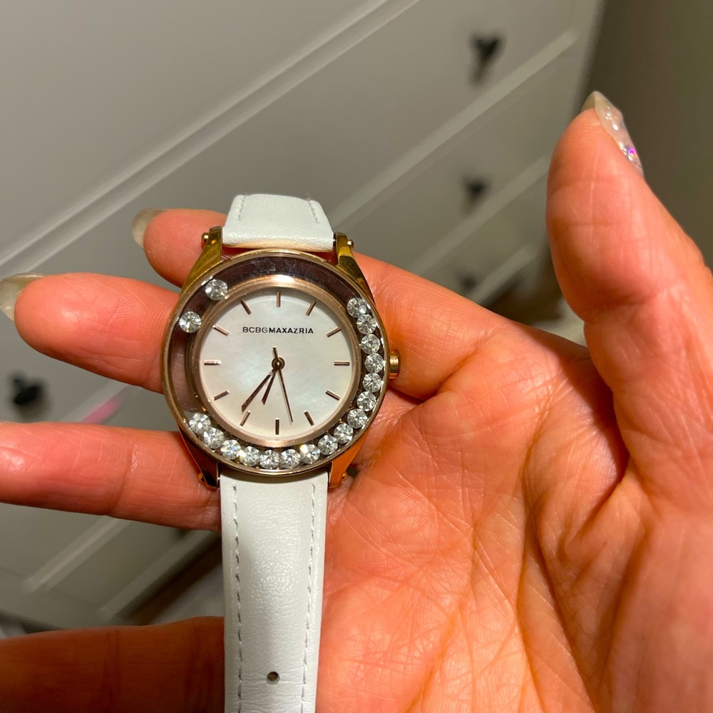 BCBG vintage white leather diamond mother of pearl watch